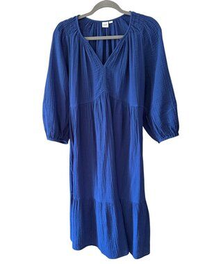 GAP 100% Gauze Cotton Cobalt Blue Midi Tiered Skirt Dress Size M